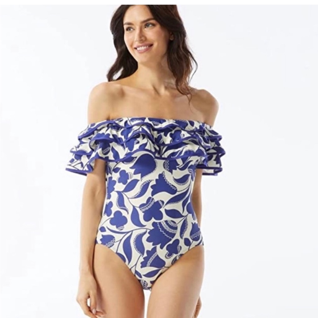 Nwt Kate Spade Blue Berry Zig Zag Floral Ruffle Off-The-Shoulder One Piece Swim